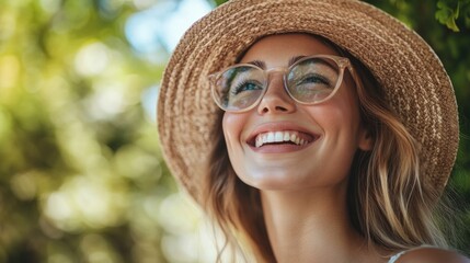 Aufkleber - Portrait of a woman wearing a straw hat and glasses, sitting in a casual pose
