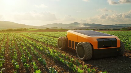 Poster - Solar-powered robotic harvester collecting ripe produce from a vegetable field, energy-efficient smart farming with space for text.