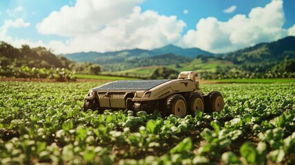 Poster - Solar-powered robotic harvester collecting ripe produce from a vegetable field, energy-efficient smart farming with space for text.