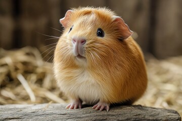 Wall Mural - A small guinea pig is sitting on top of a log, looking around