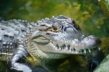 Poster - A close-up view of a crocodile's head and snout submerged in a body of water, with sunlight reflecting off the surface