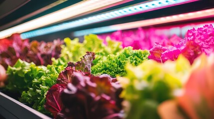 Poster - Vertical farm using LED lighting and IoT monitoring systems, futuristic smart farming innovation with clear copy space.
