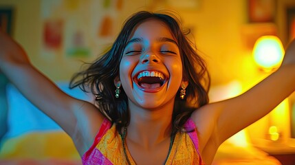 Wall Mural - Excited young Indian girl having fun at home, dancing to music, singing songs, celebrating achievements, and enjoying playful moments during her leisure time