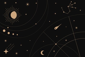 Wall Mural - dark sky background, aesthetic gold celestial line art design