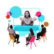 © master1305 - Team attending virtual meeting, large laptop screen with woman speaking, surrounded by colorful speech bubbles. Concept of digital teamwork, networking, collaboration. Creative art collage