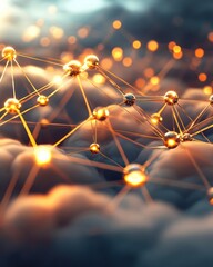 Fototapete - Abstract Network Connections with Golden Nodes on a Soft Background