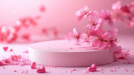 Poster - Round empty podium on a soft pastel background, surrounded by flowers,hearts. Perfect for Mother's Day, Women's day, March 8,Easter promotions. Podium for product presentation and demonstration