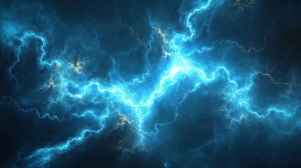 Wall Mural - Vibrant blue lightning bolts crackle across a dark background, creating a dynamic energy scene