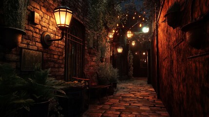 Poster - A secret alleyway glowing with vintage street lamps.
