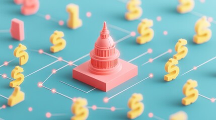 Aufkleber - 3D Illustration of Capitol Building Surrounded by Currency Symbols and Connections