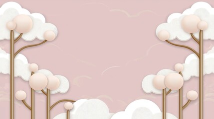 Dreamy Pastel Cloudscape with Stylized Trees Soft Pink Background for Design