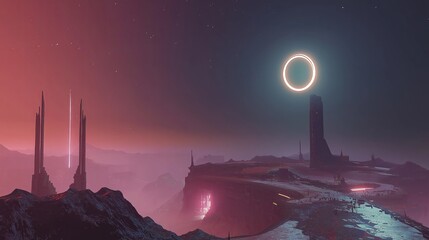 Aufkleber - a planetary eclipse casting an ethereal glow on a futuristic city.