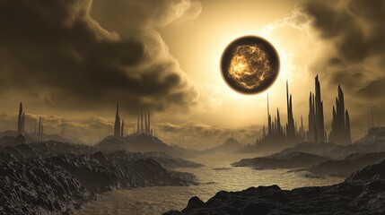 Aufkleber - A planetary eclipse casting an ethereal glow on a futuristic city.