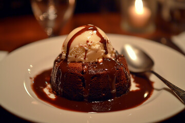 Wall Mural - A small, round chocolate lava cake with vanilla ice cream on top, drizzled in fudge sauce and melting into the center of its white plate. A spoon is sitting next to the food