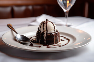 Wall Mural - A small, round chocolate lava cake with vanilla ice cream on top, drizzled in fudge sauce and melting into the center of its white plate. A spoon is sitting next to the food