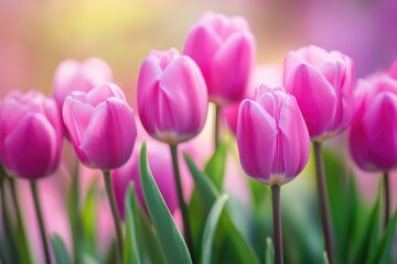 Wall Mural - A bouquet of pink tulips surrounded by green leaves