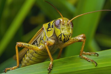 Fototapete - Close-up shot of a grasshopper perched on a leaf, macro photography