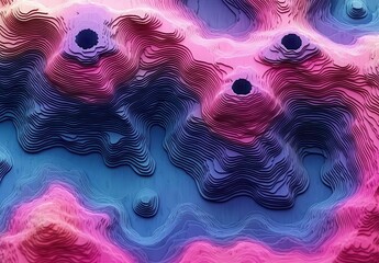 Poster - An abstract image showcasing layered textures in vibrant pink and blue hues, resembling geological formations or a surreal landscape. Copy space