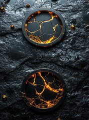 Poster - Abstract illustration featuring two circular frames embedded in a textured black surface with glowing orange accents, conveying depth and intrigue. Copy space
