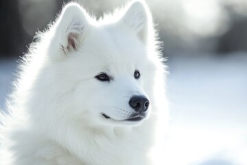 Wall Mural - A close-up shot of a white dog surrounded by snow, providing a warm and cozy atmosphere