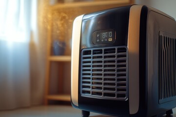 Poster - A close-up view of a black and silver air conditioner sitting on a table, perfect for use in commercial or residential settings