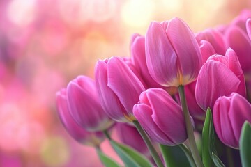 Poster - A bouquet of bright pink tulips arranged in a clear glass vase