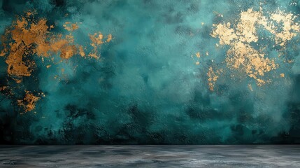 Poster - A textured wall featuring a blend of deep teal and gold elements, ideal for background use in artistic, design, or decorative projects. Copy space