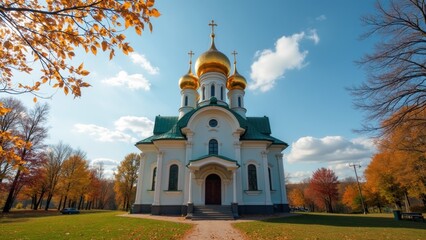 Large white church with gold domes and crosses on top