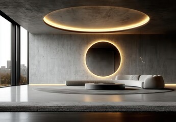 Poster - Modern living room design featuring elegant circular lighting, minimalistic furniture, and expansive windows that create a spacious and inviting atmosphere. Copy space