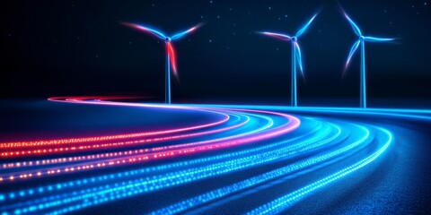 Poster - Luminous Cityscape Dynamic Urban Landscape with Neon Connections and Wind Turbines at Night