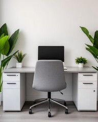 Poster - Modern Home Office Setup with Desk, Chair, and Indoor Plants