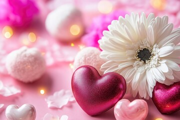 Aufkleber - A close-up shot of a flower surrounded by hearts on a pink background