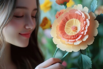 Canvas Print - A woman holds a single flower in front of a colorful bouquet, perfect for floral or gardening themed images