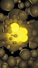 Poster - A bunch of yellow and brown spheres are floating in the air. Some of them are close together, while others are spread out