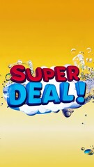 Poster - A yellow background with blue and red letters that say Super Deal!. The letters are in a 3D style