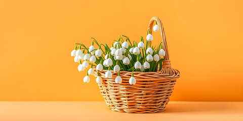 Springtime morning mood with woven basket blooming snowdrop flowers on flat lay design with pastel tones and soft sunlight Happy lovely vibes, peaceful floral pattern for spring background