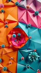 Aufkleber - A colorful wall with orange and blue triangles and pink and blue flowers. The flowers are made of paper and are scattered all over the wall