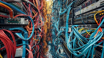 Poster - Intricate arrangement of vibrant cables interwoven throughout a busy server room, showcasing the complexity of data management