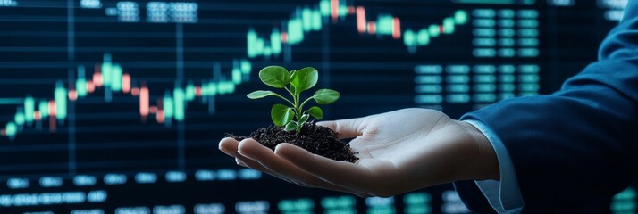 Poster - Hand Nurturing Green Sprout Against Stock Market Charts Background, Growth Financial Concept