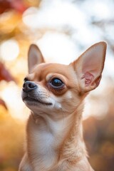 Wall Mural - A small brown dog looks up with bright blue eyes, suitable for use in pet or animal-related content