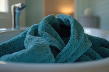 Poster - A pile of blue towels sitting in a bathroom sink, perfect for use in interior design or decoration scenes