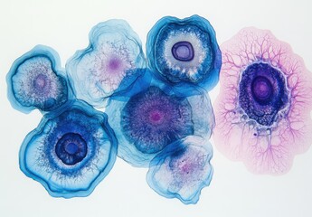 Poster - Abstract Art of Blue and Pink Organic Shapes with Intricate Patterns Representing Microbial Life Forms in a Modern Artistic Style