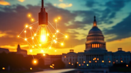 Aufkleber - A bright light bulb illuminating a building in the background at dusk