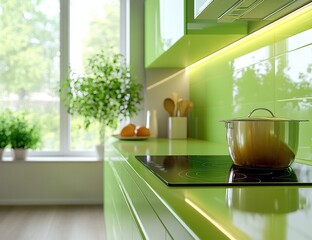 Poster - Modern green kitchen with induction cooktop and natural light