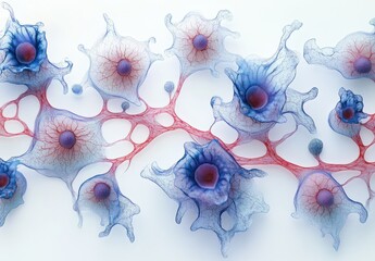 Poster - Abstract cell structures with blue and red threads depicting biological forms, organic shapes and intricate networks on a soft background