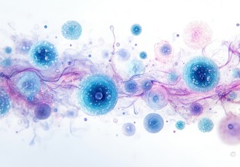 Poster - Abstract colorful illustration of microscopic cells with pink and blue hues creating a vibrant, artistic representation of cellular structures and movement