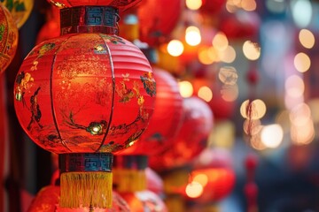 Poster - Red lanterns suspended from a ceiling, perfect for festive or Asian-themed decoration