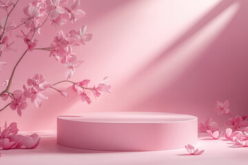 Poster - Empty round podium set against a pink background, with gentle light and scattered petals.Perfect for Mother's Day, Women's day, March 8,Easter. Podium for product presentation and demonstration.