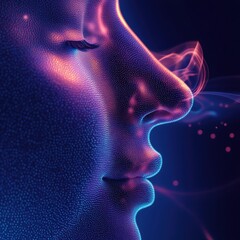 Poster - Abstract Portrait of a Side-Faced Human with Digital Effects and Vibrant Colors Representing Emotions and Inner Thoughts