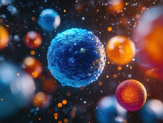 Poster - Abstract representation of colorful microscopic cells and particles in space, highlighting the beauty and complexity of biological systems in stunning detail and vibrant colors